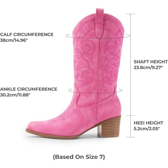 Women's Pink Cowgirl Western Boots Fashion Embroidery Stitched Chunky Heel - Picture 2 of 8